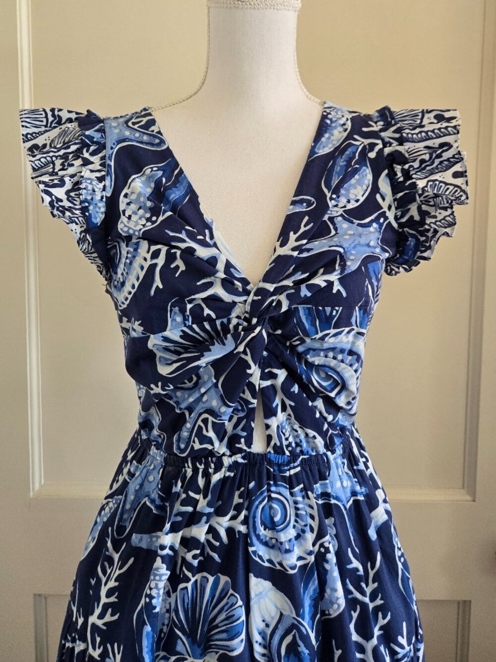 King + Pitt Navy Blue Sea Ocean Theme Ruffle Frill Cap Sleeve Maxi Dress Small - Picture 3 of 16